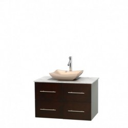 36 inch Single Bathroom Vanity in Espresso, White Carrera Marble Countertop, Avalon Ivory Marble Sink, and No Mirror
