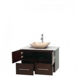36 inch Single Bathroom Vanity in Espresso, White Carrera Marble Countertop, Avalon Ivory Marble Sink, and No Mirror