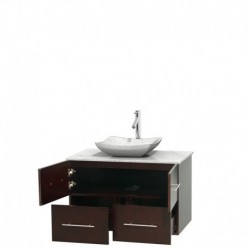 36 inch Single Bathroom Vanity in Espresso, White Carrera Marble Countertop, Avalon White Carrera Marble Sink, and No Mirror