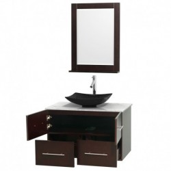 36 inch Single Bathroom Vanity in Espresso, White Carrera Marble Countertop, Arista Black Granite Sink, and 24 inch Mirror