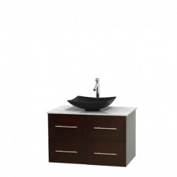 36 inch Single Bathroom Vanity in Espresso, White Carrera Marble Countertop, Arista Black Granite Sink, and No Mirror