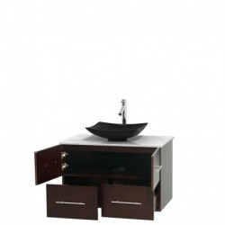 36 inch Single Bathroom Vanity in Espresso, White Carrera Marble Countertop, Arista Black Granite Sink, and No Mirror