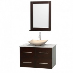 36 inch Single Bathroom Vanity in Espresso, White Carrera Marble Countertop, Arista Ivory Marble Sink, and 24 inch Mirror