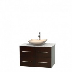 36 inch Single Bathroom Vanity in Espresso, White Carrera Marble Countertop, Arista Ivory Marble Sink, and No Mirror