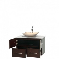 36 inch Single Bathroom Vanity in Espresso, White Carrera Marble Countertop, Arista Ivory Marble Sink, and No Mirror