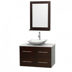 36 inch Single Bathroom Vanity in Espresso, White Carrera Marble Countertop, Arista White Carrera Marble Sink, and 24 inch Mirr