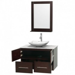 36 inch Single Bathroom Vanity in Espresso, White Carrera Marble Countertop, Arista White Carrera Marble Sink, and 24 inch Mirr
