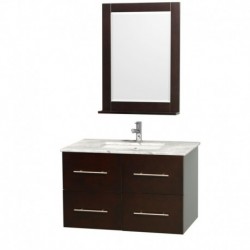 36 inch Single Bathroom Vanity in Espresso, White Carrera Marble Countertop, Square Porcelain Undermount Sink, and 24 inch Mirr
