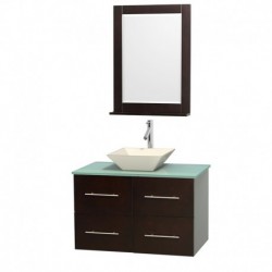 36 inch Single Bathroom Vanity in Espresso, Green Glass Countertop, Pyra Bone Porcelain Sink, and 24 inch Mirror
