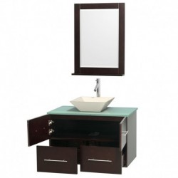36 inch Single Bathroom Vanity in Espresso, Green Glass Countertop, Pyra Bone Porcelain Sink, and 24 inch Mirror