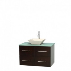 36 inch Single Bathroom Vanity in Espresso, Green Glass Countertop, Pyra Bone Porcelain Sink, and No Mirror