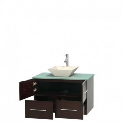 36 inch Single Bathroom Vanity in Espresso, Green Glass Countertop, Pyra Bone Porcelain Sink, and No Mirror