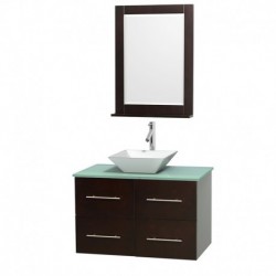 36 inch Single Bathroom Vanity in Espresso, Green Glass Countertop, Pyra White Porcelain Sink, and 24 inch Mirror