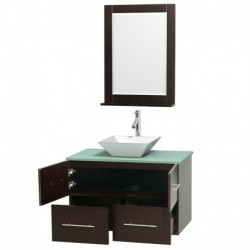 36 inch Single Bathroom Vanity in Espresso, Green Glass Countertop, Pyra White Porcelain Sink, and 24 inch Mirror