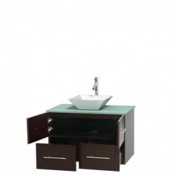 36 inch Single Bathroom Vanity in Espresso, Green Glass Countertop, Pyra White Porcelain Sink, and No Mirror