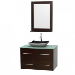 36 inch Single Bathroom Vanity in Espresso, Green Glass Countertop, Altair Black Granite Sink, and 24 inch Mirror