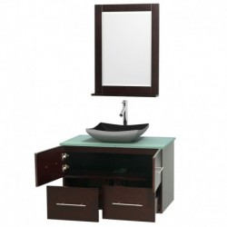 36 inch Single Bathroom Vanity in Espresso, Green Glass Countertop, Altair Black Granite Sink, and 24 inch Mirror