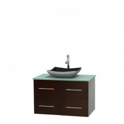 36 inch Single Bathroom Vanity in Espresso, Green Glass Countertop, Altair Black Granite Sink, and No Mirror