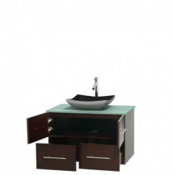 36 inch Single Bathroom Vanity in Espresso, Green Glass Countertop, Altair Black Granite Sink, and No Mirror