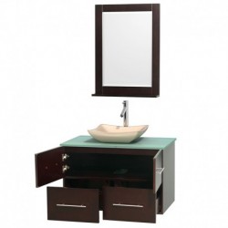 36 inch Single Bathroom Vanity in Espresso, Green Glass Countertop, Avalon Ivory Marble Sink, and 24 inch Mirror