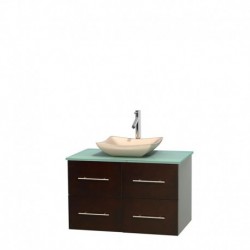 36 inch Single Bathroom Vanity in Espresso, Green Glass Countertop, Avalon Ivory Marble Sink, and No Mirror