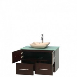 36 inch Single Bathroom Vanity in Espresso, Green Glass Countertop, Avalon Ivory Marble Sink, and No Mirror