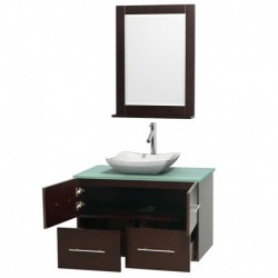 36 inch Single Bathroom Vanity in Espresso, Green Glass Countertop, Avalon White Carrera Marble Sink, and 24 inch Mirror
