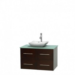 36 inch Single Bathroom Vanity in Espresso, Green Glass Countertop, Avalon White Carrera Marble Sink, and No Mirror