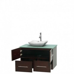 36 inch Single Bathroom Vanity in Espresso, Green Glass Countertop, Avalon White Carrera Marble Sink, and No Mirror