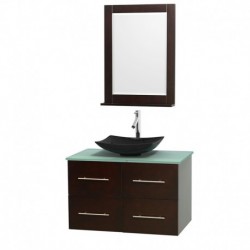36 inch Single Bathroom Vanity in Espresso, Green Glass Countertop, Arista Black Granite Sink, and 24 inch Mirror