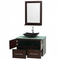 36 inch Single Bathroom Vanity in Espresso, Green Glass Countertop, Arista Black Granite Sink, and 24 inch Mirror