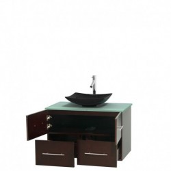 36 inch Single Bathroom Vanity in Espresso, Green Glass Countertop, Arista Black Granite Sink, and No Mirror