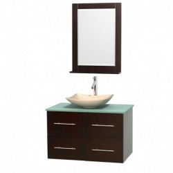 36 inch Single Bathroom Vanity in Espresso, Green Glass Countertop, Arista Ivory Marble Sink, and 24 inch Mirror