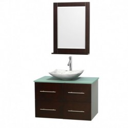36 inch Single Bathroom Vanity in Espresso, Green Glass Countertop, Arista White Carrera Marble Sink, and 24 inch Mirror