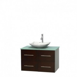 36 inch Single Bathroom Vanity in Espresso, Green Glass Countertop, Arista White Carrera Marble Sink, and No Mirror