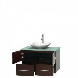 36 inch Single Bathroom Vanity in Espresso, Green Glass Countertop, Arista White Carrera Marble Sink, and No Mirror
