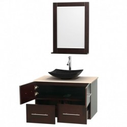 36 inch Single Bathroom Vanity in Espresso, Ivory Marble Countertop, Arista Black Granite Sink, and 24 inch Mirror