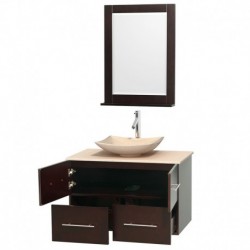 36 inch Single Bathroom Vanity in Espresso, Ivory Marble Countertop, Arista Ivory Marble Sink, and 24 inch Mirror
