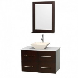 36 inch Single Bathroom Vanity in Espresso, White Man-Made Stone Countertop, Pyra Bone Porcelain Sink, and 24 inch Mirror