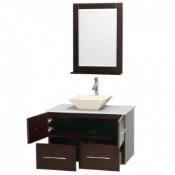 36 inch Single Bathroom Vanity in Espresso, White Man-Made Stone Countertop, Pyra Bone Porcelain Sink, and 24 inch Mirror
