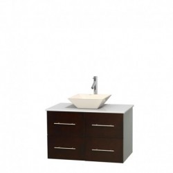 36 inch Single Bathroom Vanity in Espresso, White Man-Made Stone Countertop, Pyra Bone Porcelain Sink, and No Mirror