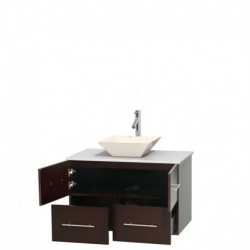 36 inch Single Bathroom Vanity in Espresso, White Man-Made Stone Countertop, Pyra Bone Porcelain Sink, and No Mirror