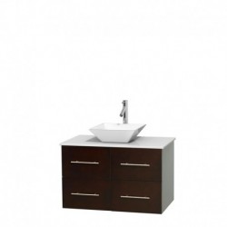 36 inch Single Bathroom Vanity in Espresso, White Man-Made Stone Countertop, Pyra White Porcelain Sink, and No Mirror