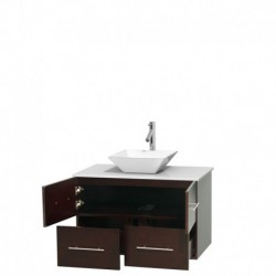 36 inch Single Bathroom Vanity in Espresso, White Man-Made Stone Countertop, Pyra White Porcelain Sink, and No Mirror