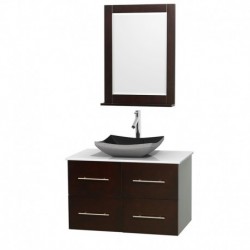 36 inch Single Bathroom Vanity in Espresso, White Man-Made Stone Countertop, Altair Black Granite Sink, and 24 inch Mirror