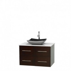 36 inch Single Bathroom Vanity in Espresso, White Man-Made Stone Countertop, Altair Black Granite Sink, and No Mirror