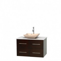 36 inch Single Bathroom Vanity in Espresso, White Man-Made Stone Countertop, Avalon Ivory Marble Sink, and No Mirror