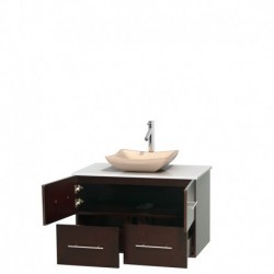 36 inch Single Bathroom Vanity in Espresso, White Man-Made Stone Countertop, Avalon Ivory Marble Sink, and No Mirror