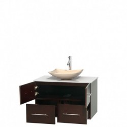 36 inch Single Bathroom Vanity in Espresso, White Man-Made Stone Countertop, Arista Ivory Marble Sink, and No Mirror