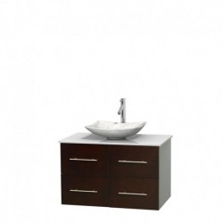 36 inch Single Bathroom Vanity in Espresso, White Man-Made Stone Countertop, Arista White Carrera Marble Sink, and No Mirror